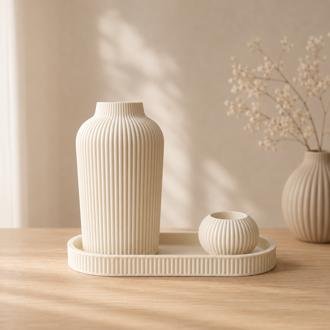 Decoplateau ‘Avela’ met hoge vaas en bolvormige kaarshouder