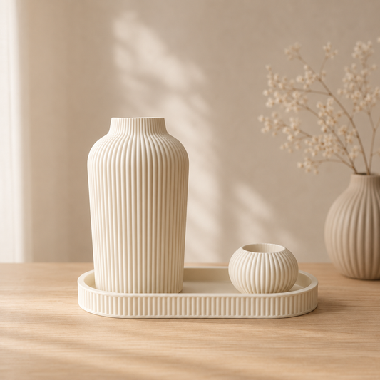 Decoplateau ‘Avela’ met hoge vaas en bolvormige kaarshouder